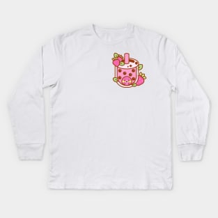 Pink Strawberry Boba Tea Kids Long Sleeve T-Shirt